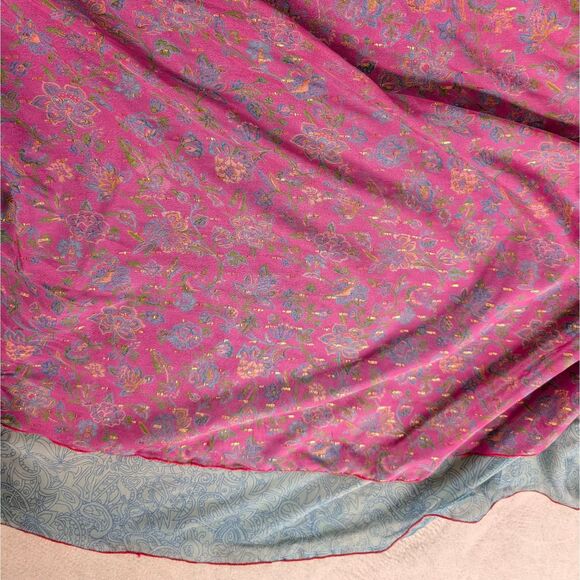 Silk Sari Wrap Around Magic Skirt Women's One Size Pink Blue Reversible Maxi - Picture 11 of 13